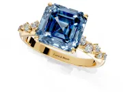 Cluster Engagement Ring Setting for Fancy Blue Asscher Cut Center with Round Cut Accent Band and Prong Head in Yellow Gold