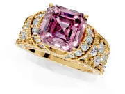 Pave Engagement Ring Setting for Fancy Pink Asscher Cut Center with Curved Accent Rows, Openwork and Prong Head in Yellow Gold