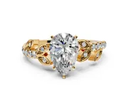 Leaf Motif Engagement Ring Setting for Pear-Shaped Center with Pave Band and Prong Head in Yellow Gold