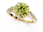 Cathedral Engagement Ring Setting for Fancy Yellow Round Cut Center with Antique-Style Pave Band and Prong Head in Yellow Gold