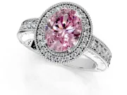 Milgrain Halo Engagement Ring Setting for Fancy Pink Oval Center with Pave Band and Prong Head in Platinum