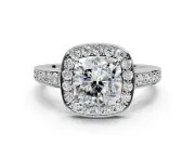 Bezel-Framed Halo Engagement Ring Setting for Cushion Cut Center with Pave Band and Prong Head in Sterling Silver