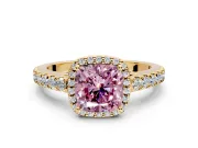 Halo Engagement Ring Setting for Fancy Pink Cushion Cut Center with Full Pave Band and Prong Head in Yellow Gold