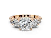3 Stone Engagement Ring Setting for Cushion Cut Center with Crossover Basket, Pave Band and Prong Head in Rose Gold