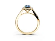 Halo Engagement Ring Setting for Fancy Blue Emerald Cut Center with Narrowing Pave Band and Prong Head in Yellow Gold