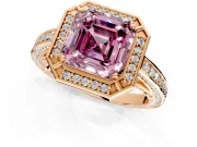 Halo Engagement Ring Setting for Fancy Pink Asscher Cut Center with Framed Halo, Pave Band and Prong Head in Rose Gold
