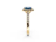 Halo Engagement Ring Setting for Fancy Blue Asscher Cut Center with Raised Halo, Pave Band and Prong Head in Yellow Gold