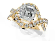 Halo Engagement Ring Setting for Asscher Cut Center with Pave Infinity Twist Band and Prong Head in Yellow Gold