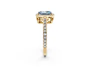 Accent Halo Engagement Ring Setting for Fancy Blue Radiant Cut Center with Full-Length Pave Band and Prong Head in Yellow Gold