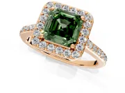 Halo Engagement Ring Setting for Fancy Green Asscher Cut Center with Pave Accents, Heart Basket and Prong Head in Rose Gold