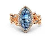 Halo Engagement Ring Setting for Fancy Blue Marquise Center with Leaf Motif Split Shank and Prong Head in Rose Gold