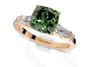 Bar-Set Engagement Ring Setting for Fancy Green Cushion Cut Center with Tapered Baguette Accents and Prong Head in Rose Gold