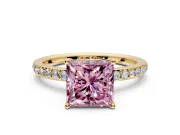 Solitaire Engagement Ring Setting for Fancy Pink Princess Cut Center with Fine Pave Band and Prong Head in Yellow Gold