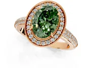 Milgrain Halo Engagement Ring Setting for Fancy Green Oval Center with Three-Sided Pave Band and Prong Head in Rose Gold