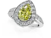 Bezel-Framed Halo Engagement Ring Setting for Fancy Yellow Pear-Shaped Center with Pave Band and Prong Head in Platinum
