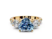 3 Stone Engagement Ring Setting for Fancy Blue Heart-Shaped Center with Crossover Basket, Pave Band and Prong Head in Yellow Gold