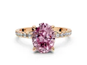Solitaire Engagement Ring Setting for Fancy Pink Oval Center with Fine Pave Narrow Band and Prong Head in Rose Gold