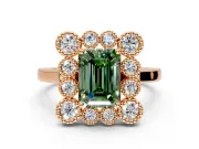 Cluster Halo Engagement Ring Setting for Fancy Green Emerald Cut Center with Milgrain Bezel Accents and Prong Head in Rose Gold