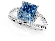 Halo Engagement Ring Setting for Fancy Blue Radiant Cut Center with Rope Twist Split Shank and Prong Head in White Gold