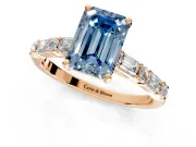 Baguette Engagement Ring Setting for Fancy Blue Emerald Cut Center with Alternating Bar-Set Band and Prong Head in Rose Gold