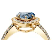 Milgrain Halo Engagement Ring Setting for Fancy Blue Heart-Shaped Center with Three-Sided Pave Band and Prong Head in Yellow Gold