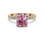 Solitaire Engagement Ring Setting for Fancy Pink Radiant Cut Center with Band of Accents and Prong Head in Yellow Gold