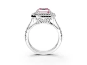 Double Halo Engagement Ring Setting for Fancy Pink Asscher Cut Center with Narrow Pave Split Shank and Prong Head in Platinum
