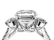 3 Stone Engagement Ring Setting for Asscher Cut Center with Crossover Basket, Pave Band and Prong Head in Platinum