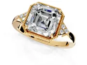 Cluster Engagement Ring Setting for Asscher Cut Center with Milgrain Shoulder Clusters and Prong Head in Yellow Gold