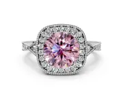 Halo Engagement Ring Setting for Fancy Pink Round Cut Center with Milgrain Rim, Pave Band and Prong Head in Platinum