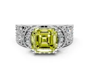 Pave Engagement Ring Setting for Fancy Yellow Asscher Cut Center with Curved Accent Rows, Openwork and Prong Head in Sterling Silver