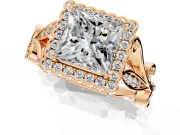 Halo Engagement Ring Setting for Princess Cut Center with Leaf Motif Split Shank and Prong Head in Rose Gold