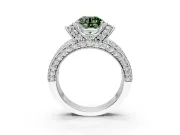Pave Engagement Ring Setting for Fancy Green Round Cut Center with Curved Accent Rows, Openwork and Prong Head in White Gold