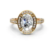 Halo Engagement Ring Setting for Oval Center with Framed Halo, Pave Band and Prong Head in Yellow Gold