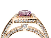Halo Engagement Ring Setting for Fancy Pink Emerald Cut Center with Framed Halo, Pave Band and Prong Head in Rose Gold