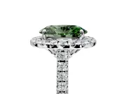 Halo Engagement Ring Setting for Fancy Green Oval Center with Raised Halo, Pave Band and Prong Head in Platinum