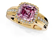 Halo Engagement Ring Setting for Fancy Pink Asscher Cut Center with Wide Band, Inlaid Accent Row and Prong Head in Yellow Gold