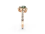 Halo Engagement Ring Setting for Fancy Green Heart-Shaped Center with Heart-Shaped Openwork, Pave Band and Prong Head in Rose Gold