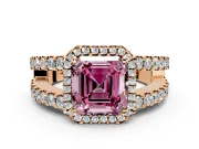 Halo Engagement Ring Setting for Fancy Pink Asscher Cut Center with Wide-Open Pave Split Shank and Prong Head in Rose Gold