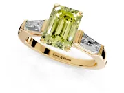 3 Stone Engagement Ring Setting for Fancy Yellow Emerald Cut Center with Tapered Baguettes, Plain Band and Prong Head in Yellow Gold