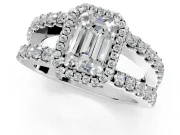 Halo Engagement Ring Setting for Emerald Cut Center with Wide-Open Pave Split Shank and Prong Head in Sterling Silver
