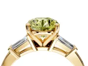 3 Stone Engagement Ring Setting for Fancy Yellow Round Cut Center with Channel Baguette Accents and Prong Head in Yellow Gold