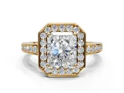 Bezel-Framed Halo Engagement Ring Setting for Radiant Cut Center with Pave Band and Prong Head in Yellow Gold