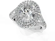Double Halo Engagement Ring Setting for Oval Center with Narrow Pave Split Shank and Prong Head in Platinum