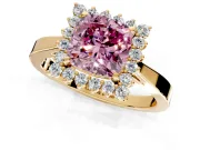 Starburst Halo Engagement Ring Setting for Fancy Pink Cushion Cut Center with Flat Cathedral Band and Prong Head in Yellow Gold