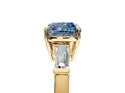 3 Stone Engagement Ring Setting for Fancy Blue Cushion Cut Center with Baguette Accents and Prong Head in Yellow Gold