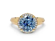 Halo Engagement Ring Setting for Fancy Blue Round Cut Center with Knife Ridge Cathedral Band and Prong Head in Yellow Gold