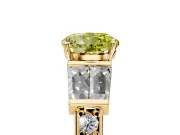 Channel-Set Engagement Ring Setting for Fancy Yellow Round Cut Center with Baguette Band and Prong Head in Yellow Gold