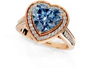 Halo Engagement Ring Setting for Fancy Blue Heart-Shaped Center with Outer Bezel Rim, Pave Band and Prong Head in Rose Gold