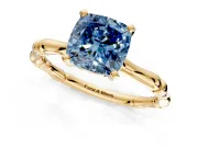 Solitaire Engagement Ring Setting for Fancy Blue Cushion Cut Center with Bamboo Band and Prong Head in Yellow Gold